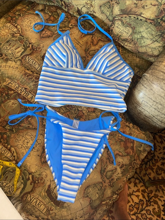 Zaful Other - Blue & White Striped Two-Piece Swim Set